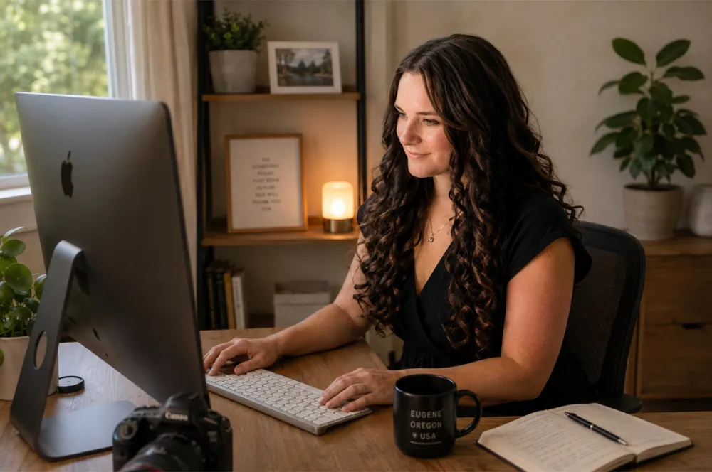 Marin editing photos at her desk in Eugene, Oregon