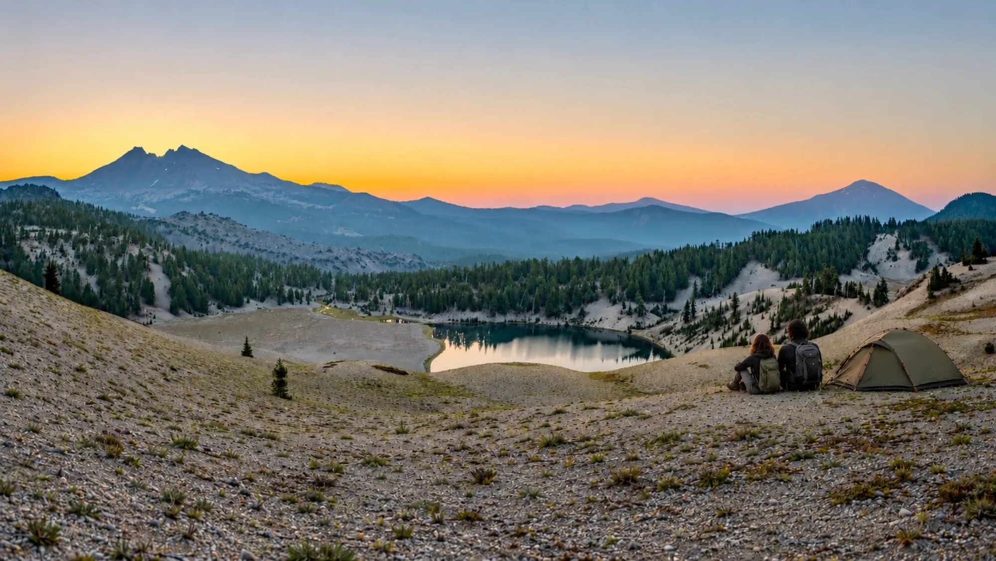 Two people watching alpenglow over a mountain lake from a backcountry campsite