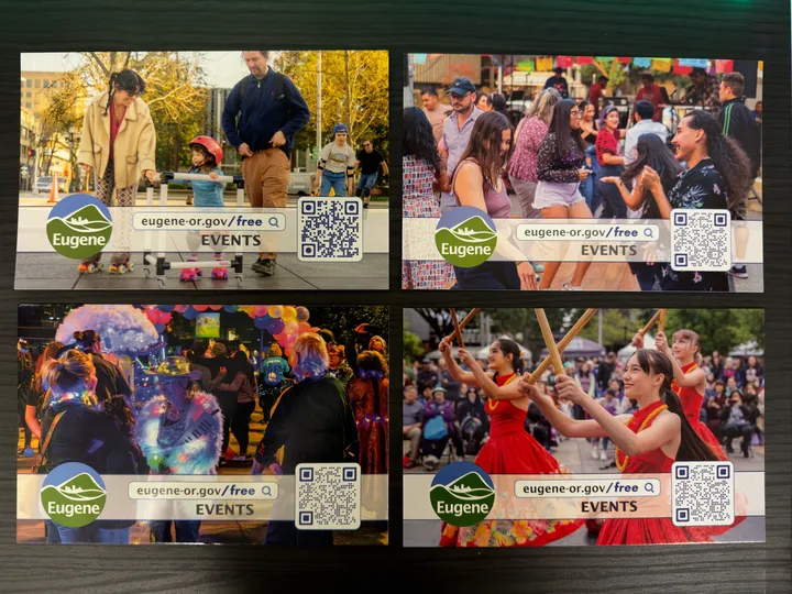 Seasonal event postcards, pointing people to the free-events page.